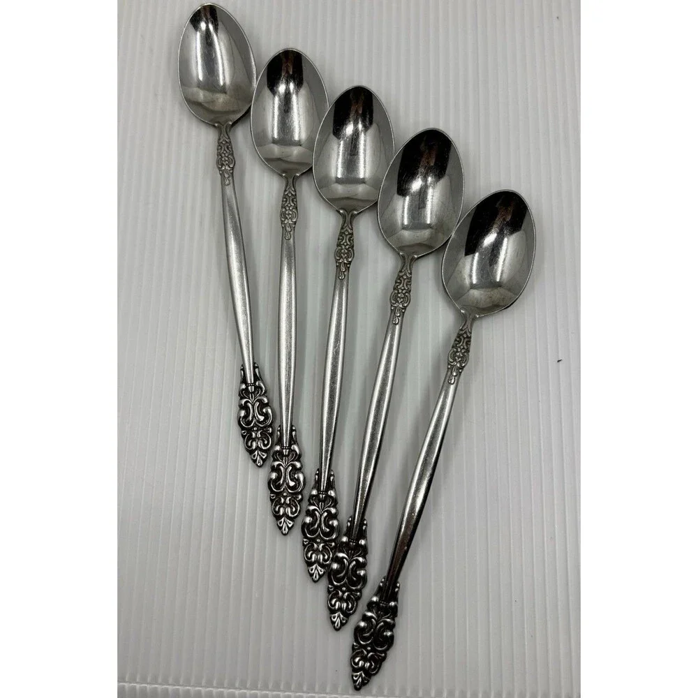 UNF86 Nordic Pattern Stainless Flatware Japan 5 Long Iced Tea Teaspoons Preowned